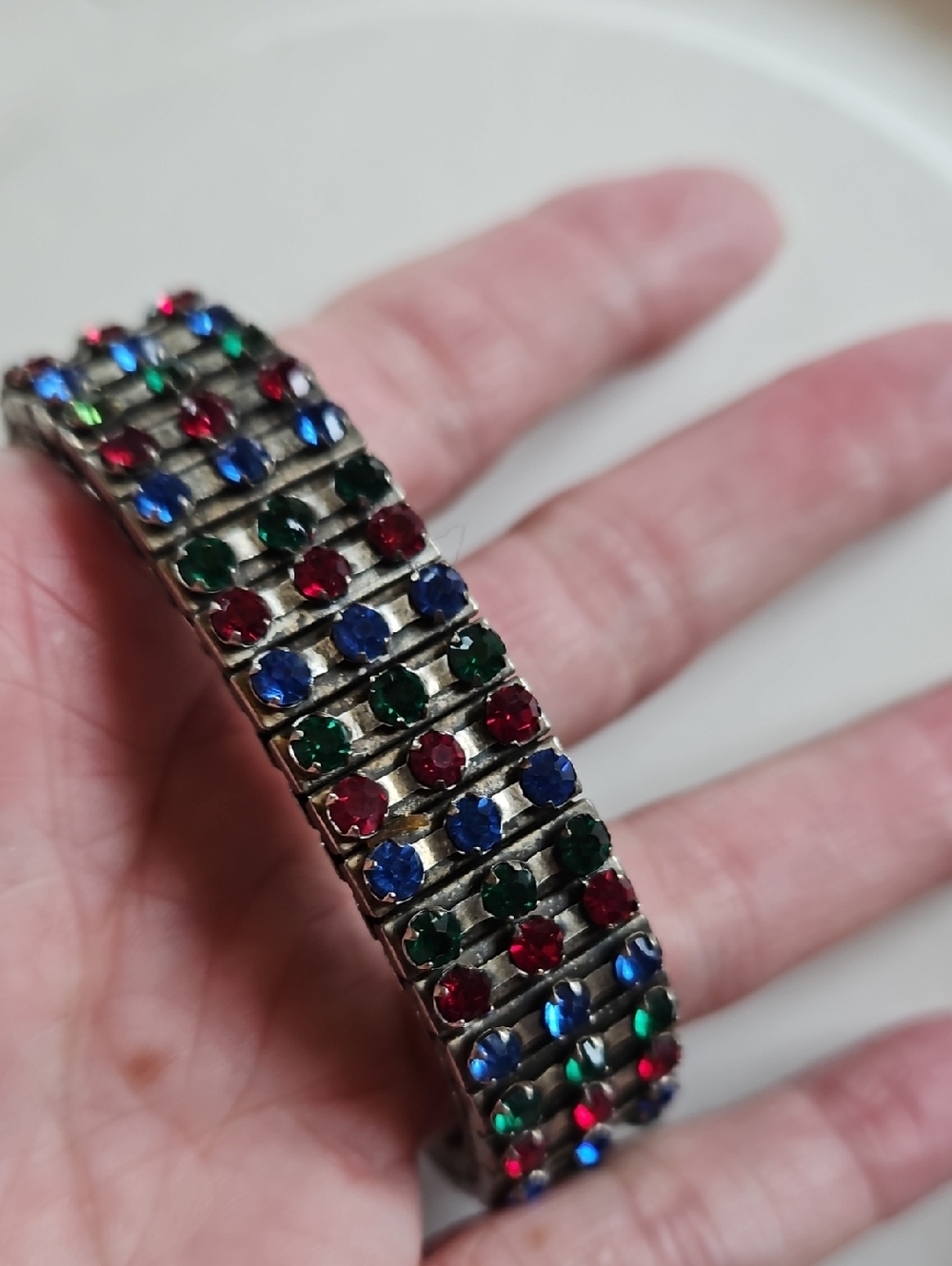 Vintage Expansion Bracelet with Red Blue and Green Rhinestones - Picture 3 of 7